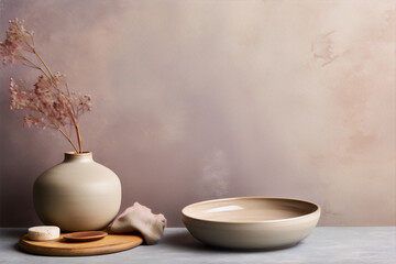 Obraz na płótnie Canvas Still life photography of a ceramic vase with a flower, bowl and soap on a wooden table against a beige background in a minimalist style.