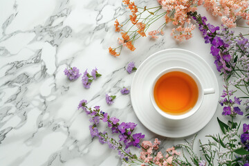 Top view of cup of tea on marble table with herbs.