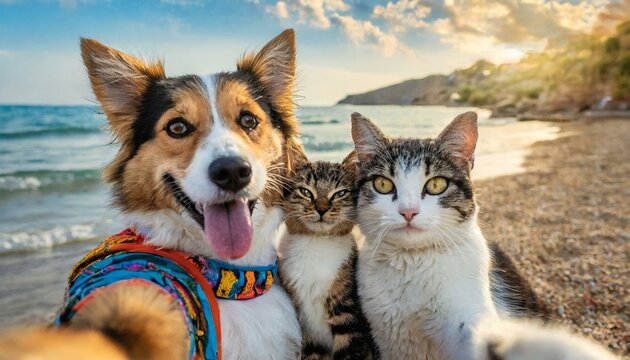 Best friends cat and dogs taking selfie shot at the beach 