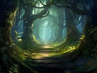 Fantasy dark forest with a path. 3d render illustration.