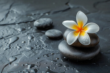 Stack of black zen stones and white flower.