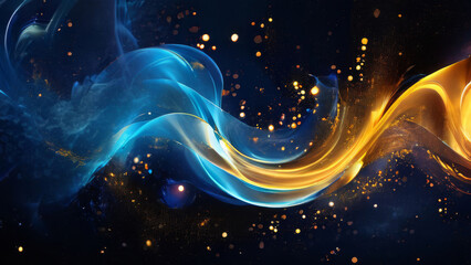abstract background with dark blue and yellow particles, featuring dynamic swirls and bursts of color against a dark backdrop - obrazy, fototapety, plakaty