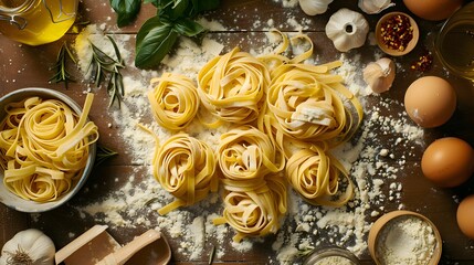 Directly above shot of uncooked pasta with ingredients on table - obrazy, fototapety, plakaty