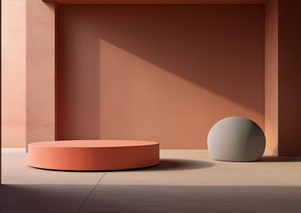 3D rendering of an empty room with a podium and a sphere on the floor in a minimalist style with warm colors and soft shadows