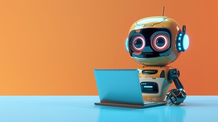 cute robot working on laptop - obrazy, fototapety, plakaty