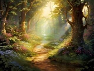Beautiful fantasy forest landscape with a stream and a tree in the foreground