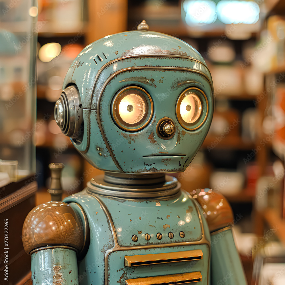 Poster a robot is standing in a store with people around it. the robot has a creepy, metallic appearance an