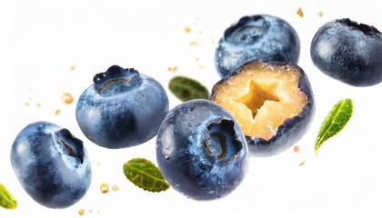 Blueberries slices flying isolated on a white background.