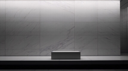 3D rendering of an empty marble room with a single spotlight illuminating a simple podium or pedestal in the center of the room.