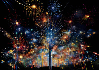 A vibrant display of colorful fireworks exploding in the night sky.
