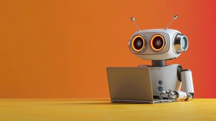 cute robot working on a laptop on a studio background with copy space