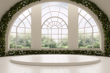 Luxury empty white interior space with large arched windows and white podium decorated with green plants and flowers, 3d illustration - obrazy, fototapety, plakaty