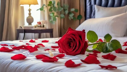 Rose on the bed in the hotel rooms. Rose and her petals on the bed for a romantic evening 