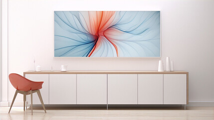 Abstract painting with blue and red swirls on a white background in a modern interior