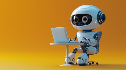 cute robot working on a laptop on a studio background with copy space