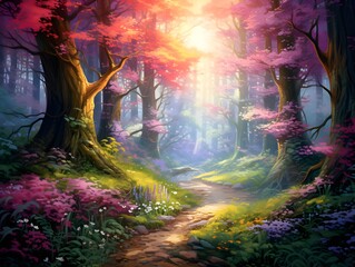 Digital painting of a path in a fantasy forest with pink flowers.