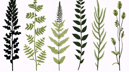 Obraz premium Set of various pressed green and black leaves and plants on a white background, botanical illustration, flat lay, top view