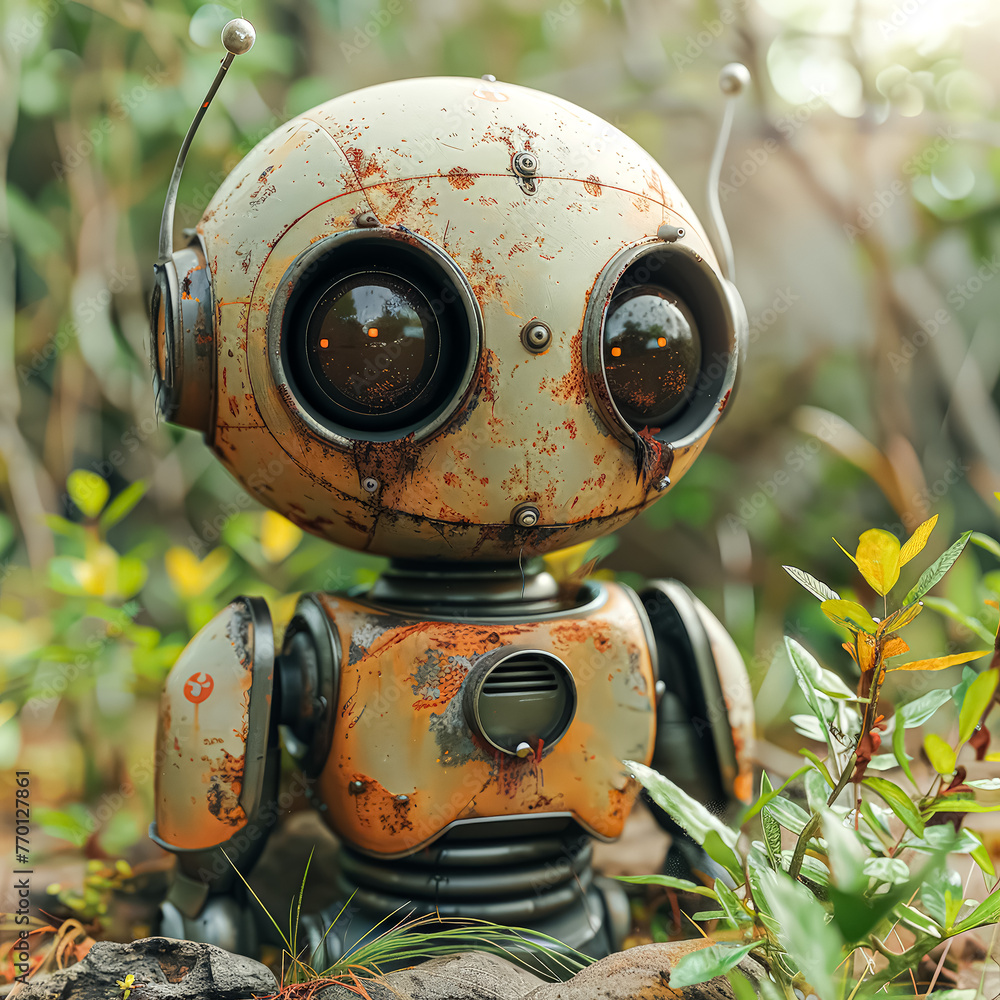 Poster a robot is standing in a store with people around it. the robot has a creepy, metallic appearance an