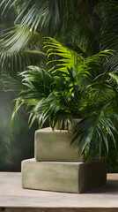 Fototapeta premium Still life photography of a lush green palm tree in front of a tropical jungle background with a concrete podium.