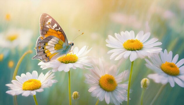 Beautiful wild flowers chamomile with butterfly on sunny spring meadow, close-up macro. Landscape wide format, copy space. Delightful pastoral airy artistic image.