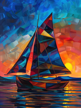 A colorful neon cubist, mosaic sailboat is sailing on a calm lake at sunset. The abstract painting captures the serene and peaceful atmosphere of the scene, with the boat's vibrant colors