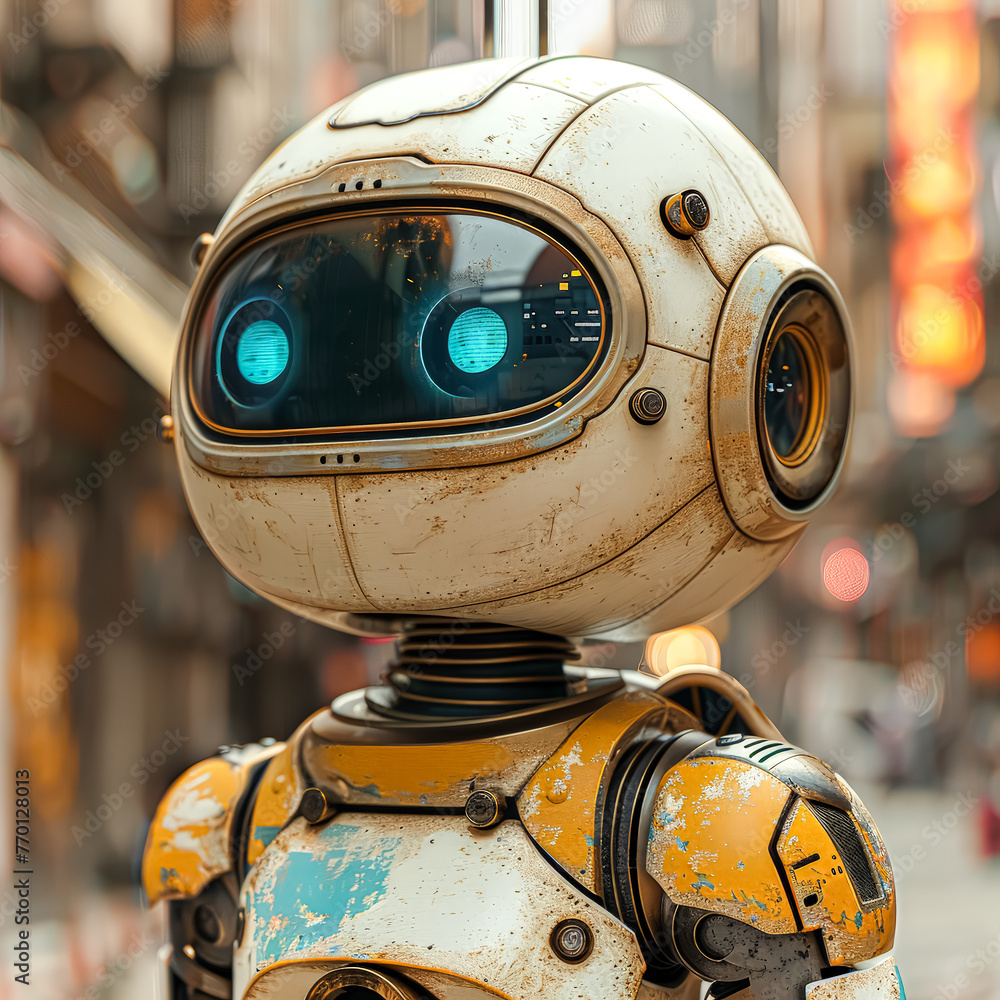 Poster a robot is standing in a store with people around it. the robot has a creepy, metallic appearance an