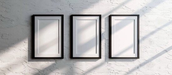 Mockup of three empty photo frames on a white textured wall