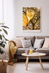 An elegant still life photograph of a champagne glass with a splash of champagne against a blurred background in warm colors, perfect for a modern interior in a minimalist style.