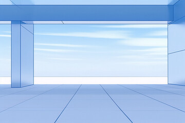 Fototapeta premium 3D rendering of an empty room with large windows and a blue sky background in cartoon style