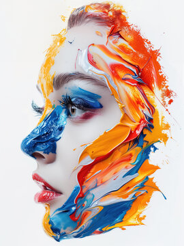 Abstract painting of  with colorful thick paint splashes forming beautiful woman face isolated on white background