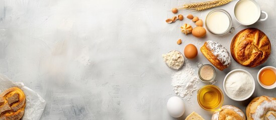 Baking and cooking various baked goods such as bread, pastry, or cake with ingredients like flour, sugar, milk, eggs, coconut, and butter placed on a bright grey background with space for text, - obrazy, fototapety, plakaty