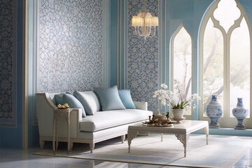 Blue and white living room with sofa, table, lamp, and vase in traditional style