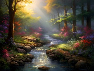 Beautiful spring landscape with a stream in the forest. Panorama