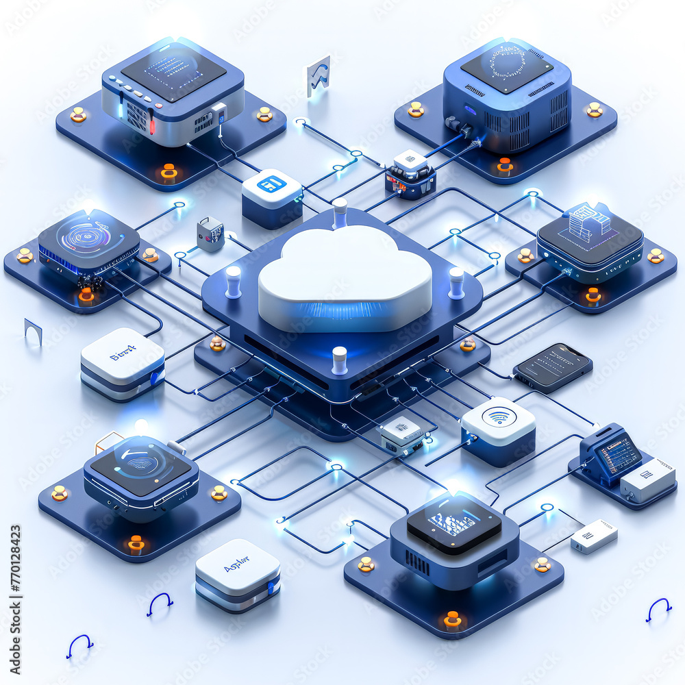 Poster a blue and white image of a computer network with a white cloud in the middle. the network is made u