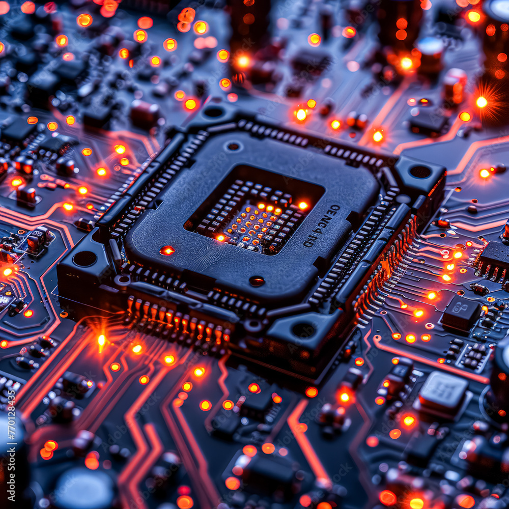 Poster a close up of a computer chip with a red glow. the chip is a microprocessor and is surrounded by oth