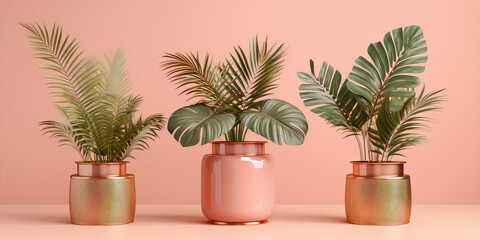 Fototapeta premium Pink background with three different plants in golden pots, interior design, 3D rendering