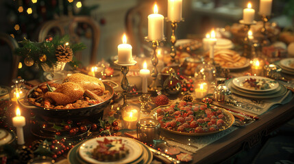 Fototapeta na wymiar Festive Holiday Table Setting with Traditional Dishes and Decorations
