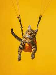 A cat is flying through the air with a parachute and looking around, isolated on yellow background....