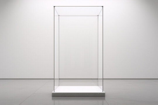 3D rendering of an empty glass display case in a modern minimal gallery with a white background