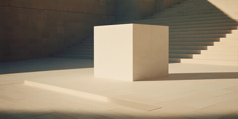 3D rendering of a minimalist geometric sculpture in a bright sunlit room with a staircase, in a contemporary architectural style