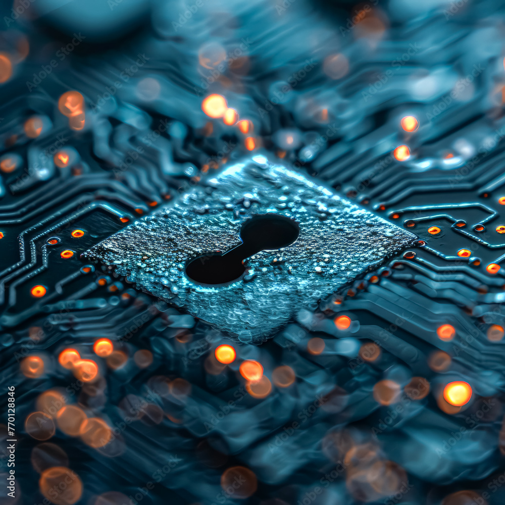 Poster a computer chip with a keyhole in the middle. the chip is surrounded by a glowing red background