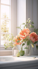 Still life of pink peonies in a glass vase by the window in the morning light, 3D rendering.
