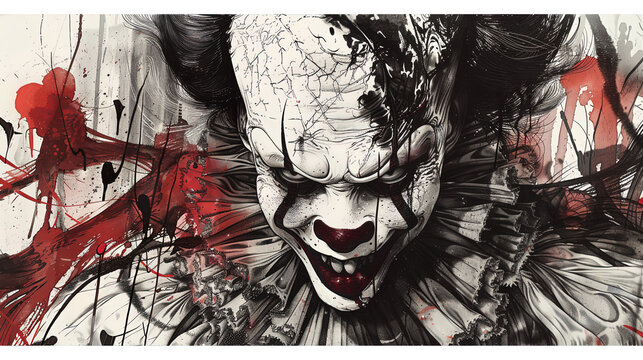 Horror clown anime manga illustration black and white scene