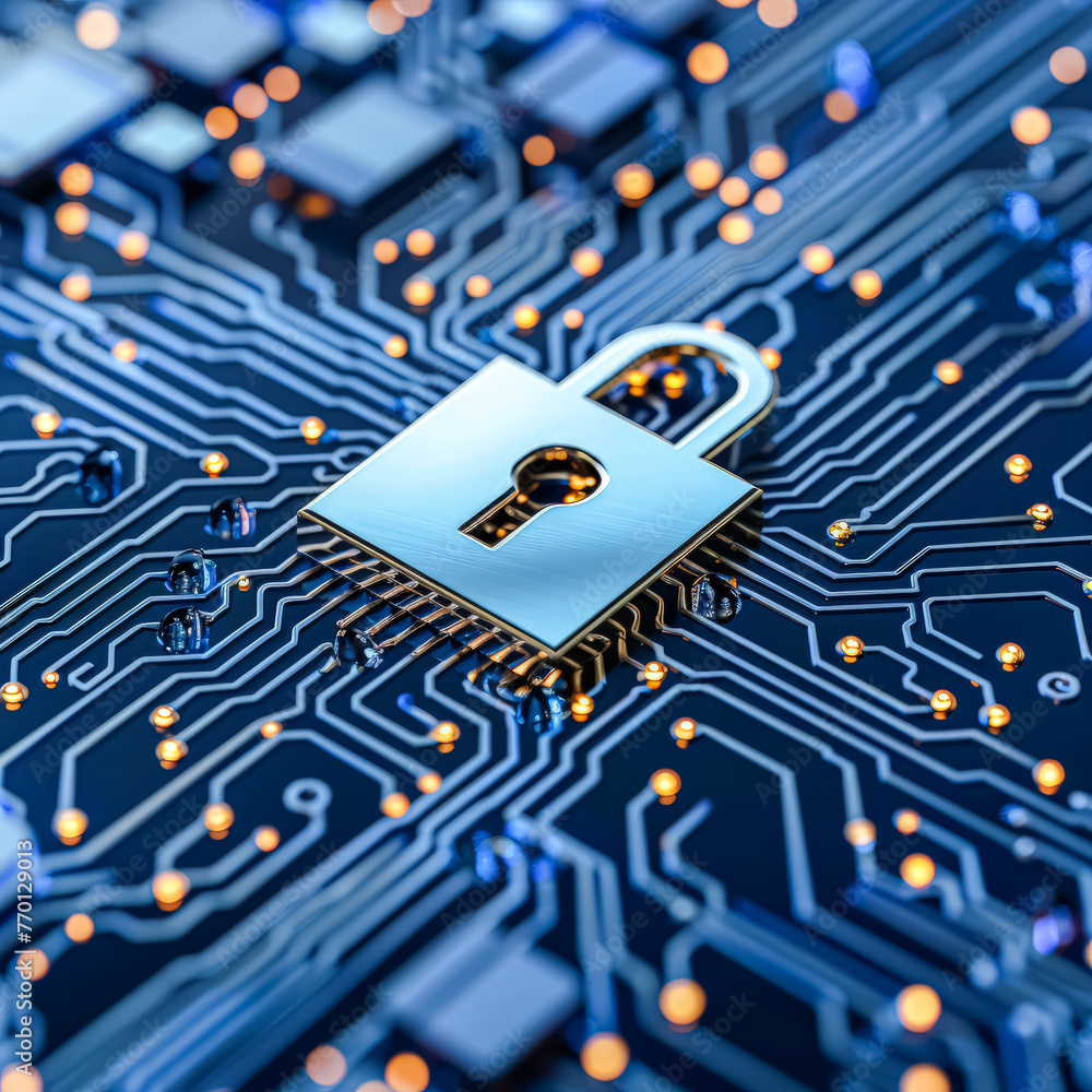 Poster a computer chip with a keyhole in the middle. the chip is surrounded by a glowing red background