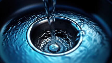 water drains down a stainless steel blue sink - obrazy, fototapety, plakaty