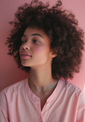 Portrait of a young beautiful African American teenage girl with natural curly hair, wearing a pink shirt on a pink background