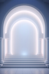 3D rendering of a classic interior space with arches, columns, and a glowing light source.