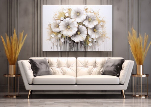 3D rendering of a modern living room interior with a white sofa, gray walls, and a large abstract floral painting in white and gold colors.