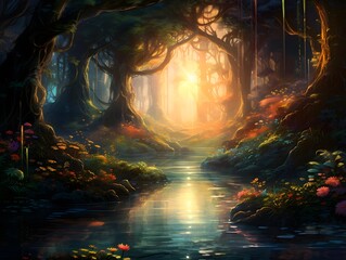 Illustration of a fantasy forest with a river and a beautiful sunset