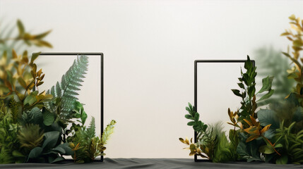 Fototapeta premium Two black frames with green and gold plants on a beige background in a 3D illustration.